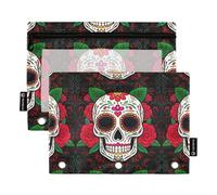 Sugar Skulls Rose 3 Ring Binder Pencil Pouch Zipper Binder Pencil Bag Pen Work Clear Binders Pen Case School Soft 9.8" x 7.1", 2 Packs