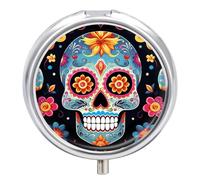 Sugar Skulls Travel Pill Box Case 3 Compartment Cute Pill Organizer Metal Pill Holder with Mirror Small Medicine Organizer Daily Pill Container for Purse Pocket Portable Meds Box