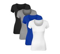 Sugar Sunday Cotton Tshirts for Women Short Sleeve Tshirt Basic Tees Plain T Shirt Womens Casual Tops Tee Undershirt Pack 1-4, 4 Pack - Black, H Grey, Royal, White, M