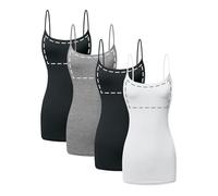 Sugar Sunday Long Cotton Camisole Tank Top with Built in Bra for Women Basic Cami with Shelf Bra Tank Tops Undershirt, 4 Pack - Black, H Grey, Black, White, L