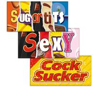 Sugar Tits + Sexy + Cock Sucker. Mixed Triple Pack - 3x Funny Chocolate Bar Wrappers. Choc Bar Covers Rude Joke Prank Insult Gift Fun Friend Present. Pack of 3. (Chocolate Not Included)