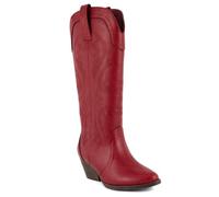 Sugar Women’s Tall Boots - Knee-High Vegan Leather Riding Boots with Pull-On/Side Zipper Entry, Decorative Straps, and Block Heel, Two Step-red, 6 UK