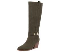 Sugar Women’s Tall Boots - Knee-High Vegan Leather Riding Boots with Straps or Bow Detail, Side Zipper, and Block Heel, Olive Soft-chatter, 7 UK