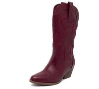 Sugar Women's Western Cowboy Boots - Mid-Calf Pointed Toe Booties with Stitch Detailing/Perforated Design - Pointed Toe, Block Heel, Pull-On Fit, Tammy-burgundy, 5.5 UK
