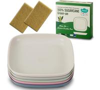 SUGARCANE Kids Plates 5 Pack (20cm) + Coconut Pad 2Pc- Organic Dishes for Toddler to Big Kids - LFGB & USDA Certified - Microwaves & Dishwasher Safe - BPA Free, Unbreakable, Reusable - Grey Pink
