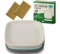 SUGARCANE Kids Plates 5 Pack (20cm) + Coconut Pad 2Pc- Organic Dishes for Toddler to Big Kids - LFGB & USDA Certified - Microwaves & Dishwasher Safe - BPA Free, Unbreakable, Reusable - Grey Blue
