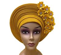SugeGasa African Headties Nigerian Auto Gele Headtie Already Made Aso Oke With Stones Turban Caps For Women Head Wraps Headbands (Golden Yellow)