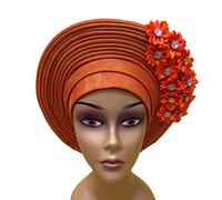 SugeGasa African Headties Nigerian Auto Gele Headtie Already Made Aso Oke With Stones Turban Caps For Women Head Wraps Headbands (Orange)