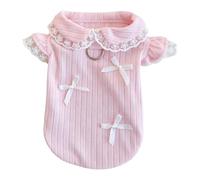 sugerou Sweat Absorbent Dog Shirt with Cute Bowknot, Breathable Pet Clothing for Female Small Dogs, Small Bow Pet Shirt with Built-in Leash Ring, Lace Doll Collar Tee, Sizes XXS to XXL, Blue Pink M