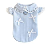 sugerou Sweat Absorbent Dog Shirt with Cute Bowknot, Breathable Pet Clothing for Female Small Dogs, Small Bow Pet Shirt with Built-in Leash Ring, Lace Doll Collar Tee, Sizes XXS to XXL, Blue Blue S