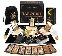 SUGEYA Tarot Cards with Guide Book, 78 Black Tarot Deck Set with Table Cloth, Chakra Stones, Velvet Bag and More, Classic Tarot Cards for Beginners Kit, Fortune Telling Game