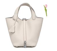SuGJun Versatile fashionable spring and summer handle bags,Genuine Leather Soft Bucket Bag for Women Fashion Lock Design Handbags Vegetable Basket Satchel (White (Silver Lock),Large)