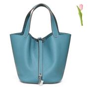 Versatile fashionable spring and summer handle bags,Genuine Leather Soft Bucket Bag for Women Fashion Lock Design Handbags Vegetable Basket Satchel (Blue (Silver Lock),Large)