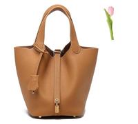 SuGJun Versatile fashionable spring and summer handle bags,Genuine Leather Soft Bucket Bag for Women Fashion Lock Design Handbags Vegetable Basket Satchel (Brown (Gold Lock),Large)