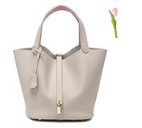 SuGJun Versatile fashionable spring and summer handle bags,Genuine Leather Soft Bucket Bag for Women Fashion Lock Design Handbags Vegetable Basket Satchel (Grey (Gold Lock),Large)