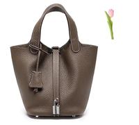 SuGJun Versatile fashionable spring and summer handle bags,Genuine Leather Soft Bucket Bag for Women Fashion Lock Design Handbags Vegetable Basket Satchel (Dark Grey (Silver Lock),Large)