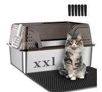 Suhaco Extra Large Stainless Steel Litter Box with Lid XXL High Sided Cat Litter Boxes Included Litter Mat & Litter Scoop Anti-Urine Leakage Metal Pet Toilet for Big Cats (Black XXL)