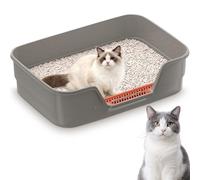 Suhaco Low Entry Litter Box for Kittens Large Cat Litter Boxes for Senior Cats Small Plastic Litter Pan for Little Cats Kitty with Step Stool Indoor Easy Cleaning 24" L x 16" W x 5" H (Gray)