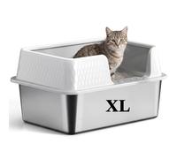 Suhaco Stainless Steel Cat Litter Tray with Lid 50x35x25cm for Big Cats High Sided & Low Entry Metal Litter Box (White XL)