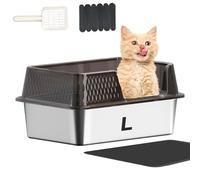 Suhaco Stainless Steel Cat Litter Tray With Lid High Sided Litter Box Top Entry for Small & Medium Cats (Clear Black L)