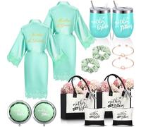 Suhine 14 Pcs Mother of The Bride and Groom Gifts Set Wedding Satin Robe Canvas Tote Bag with Makeup Bag 12 oz Tumbler Cup Small Makeup Mirror Scrunchies Knot Bracelet Wedding Gift for Mom, Green
