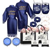 Suhine 14 Pcs Mother of the Groom and Bride Gifts Set Women's Satin Robe Canvas Tote Bag with Makeup Bag 12 oz Tumbler Cup Small Makeup Mirror Scrunchies Knot Bracelet Wedding Gift for Mom, Navy Blue