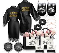 Suhine 14 Pcs Mother of the Groom and Bride Gifts Set Women's Satin Robe Canvas Tote Bag with Makeup Bag 12 oz Tumbler Cup Small Makeup Mirror Scrunchies Knot Bracelet Wedding Gift for Mom, Black