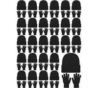 Suhine 200 Pieces Winter Beanies Gloves Sets Include 100 Black Warm Knitted Hats Bulk and 100 Gloves for Men Women Homeless, Black, One Size