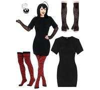 Suhine 4 Pcs Halloween Vampire Costume for Women with Black and Red Striped Tights Black Dress Vampire Fangs Glove (X-Large)