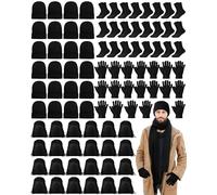 Suhine 96 Pcs Homeless Supplies Bulk Include Knitted Beanie Hat Winter Gloves Warm Socks Drawstring Backpack Bags for Winter, As Shown as Picture, Medium