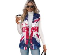 Suhoaziia England Flag Union Jack Women's Sleeveless Waistcoat Vintage V Neck 1 Button Notch Lapel Waistcoats Dressy Suit Vests for Business Office Formal Tuxedo S-5XL