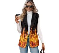 Suhoaziia Fire Flame Print Women's Sleeveless Vest Tops Single Button Blazer Waistcoat V Neck Dressy Vest Suit Summer Open Front Work Casual Outerwear