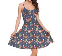 Suhoaziia Fox Strawberry Print Women's Summer Casual Swing Beach Dresses Spaghetti Straps Backless Mini Dress