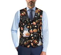 Suhoaziia Halloween Ghost Cat Men's Button Down Business Formal Dress Vest for Suit Tuxedo Slim Fit Waistcoat 2025 Casual Suit Vests Halloween Costumes Size S-4XL