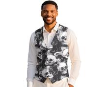 Suhoaziia Men's Casual Dress Suit Vest Vintage Formal Business Suit Jacket Waistcoat Vest Slim Fit Blazers Wedding Tuxedo Party Waistcoat with Pockets Halloween Outfits, Grey Skull Skeleton