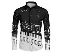 Suhoaziia Musical Note Piano Keys Print Men's Long Sleeve Dress Shirt Slim Fit Casual Graphic Business Formal Button Down Shirts