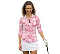 Suhoaziia Pink Ribbon Flowers Women's Golf Polo Shirts 3/4 Sleeve Zipper Collared Breast Cancer Awareness Tshirt Casual Work Blouses Tops for Athletic Gym Sports Tennis