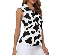 Suhoaziia Women's Polo Shirts Sleeveless Racer Back Tank Tops UPF 50+ Quick Dry Athletic Golf T Shirts 1/4 Zip Up Tennis Workout Tops Slim Casual, Cow Print