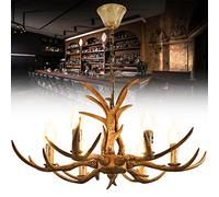 SuhoFutus Retro Antler Chandelier - Brown Resin Horn E14, Country Style Ceiling Light for Living Room, Restaurants, Cafes
