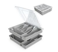 SUICGYU Silverware Organizer with Lid for Drawer, Plastic Utensil Holder for Countertop, Flatware Organizer Cutlery Tray with Cover 5 Compartments (2 Layer-Gray)