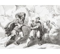 Suicide of Marcus Junius Brutus by falling on his sword after his defeat in the second Battle of Philippi October 23 42 BC. After a 19th century work by Bartolomeo Pinelli. Poster Print by Ken Welsh
