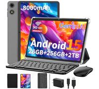 Suicoey 2026 Tablet with Keyboard, 26GB + 256GB (2TB Expand), 10 inch Android 15 Tablets with Octa Core, Gemini AI, 5G WiFi, 8000mAh, BT 5.0, 2 in 1 AI Tablet with Case, Mouse, Stylus (Black Case)