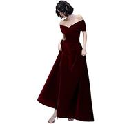 SUICRA Women's Dresses Burgundy velvet dress Ladies wedding elegant evening off-the-shoulder gown evening (Color : Red wine, Size : S)