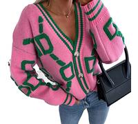 SUICRA Women's Sweaters Ladies Cardigan Green Striped Pink Knit Button Ladies Cardigan Sweater V-Neck Loose Casual Winter Knit Jacket (Size : L)