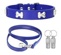 Suiecuor Leather Collar and Lead Collar Dog Collar with Metal Bone Decoration Suitable for Small Medium Large Dogs and Cats Blue XS