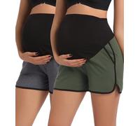 SUIEK 2 Pack Women's Maternity Shorts Cotton Over Belly Workout Pants Pregnancy Lounge Sleep Shorts, A-dark Grey+army Green (2-pack), L