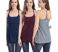 SUIEK 3 Pack Maternity Nursing Tank Tops with Bralette Cotton Breastfeeding Camisole, C-burgundy+navy+charcoal - Second Style, Large