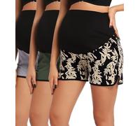 SUIEK 3-Pack Women's Maternity Shorts Over Belly Workout Running Pregnancy Cotton Lounge Sleep Shorts, Leaf+grey+army Green-3 Pack, M