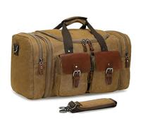 SUIKIHUM Canvas Duffle Bag with Genuine Leather Accents, Expandable 20-23 Inch Travel Weekender, Multiple Pockets, Coffee
