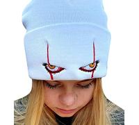 Suillty Unisex Winter Acrylic Knit Cuff Beanie Hat Clown Scary Eyes Embroidery Warm Winter Caps Halloween Hats for Adult Kids, White, One Size